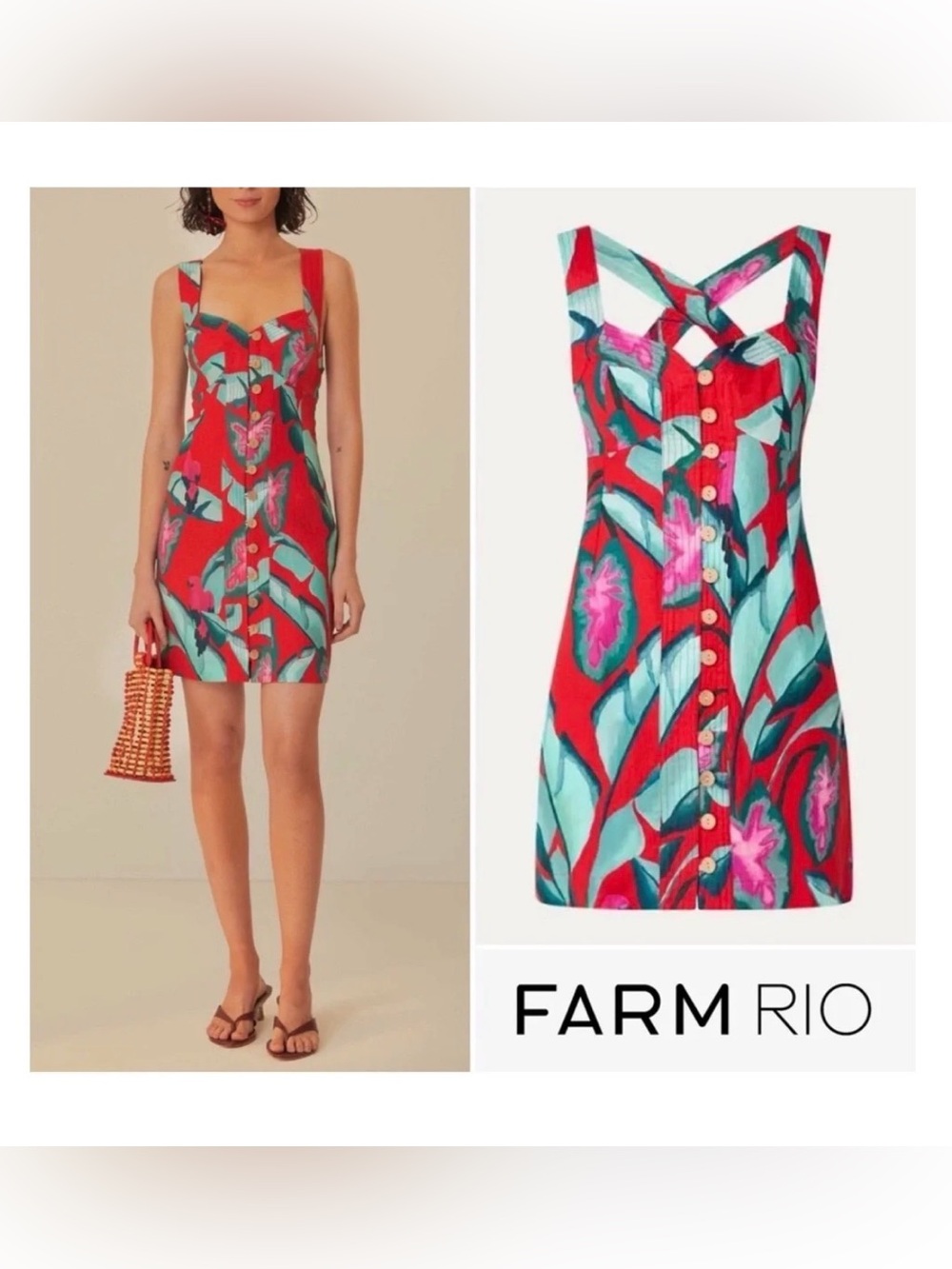 Farm Rio Red Tropical Print Sundress with Crisscross Back - Picture 2 of 6